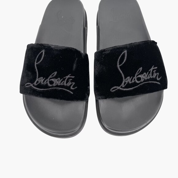 Christian Louboutin 'Navy Pool' Slide Sandals Size 37 US 7 Black Velvet Logo 25 - Picture 4 of 12